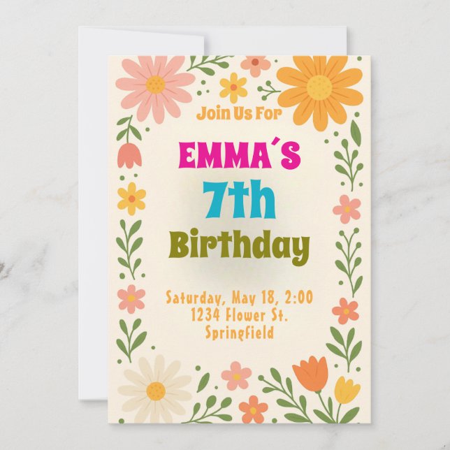 Floral Flower Birthday Einladung (Vorderseite)