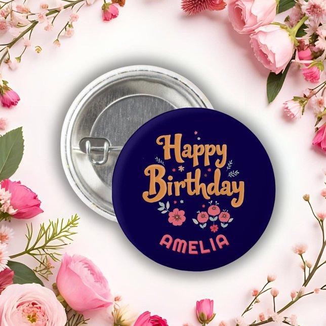 Floral Flowers Happy Birthday Handlettering Button (Von Creator hochgeladen)