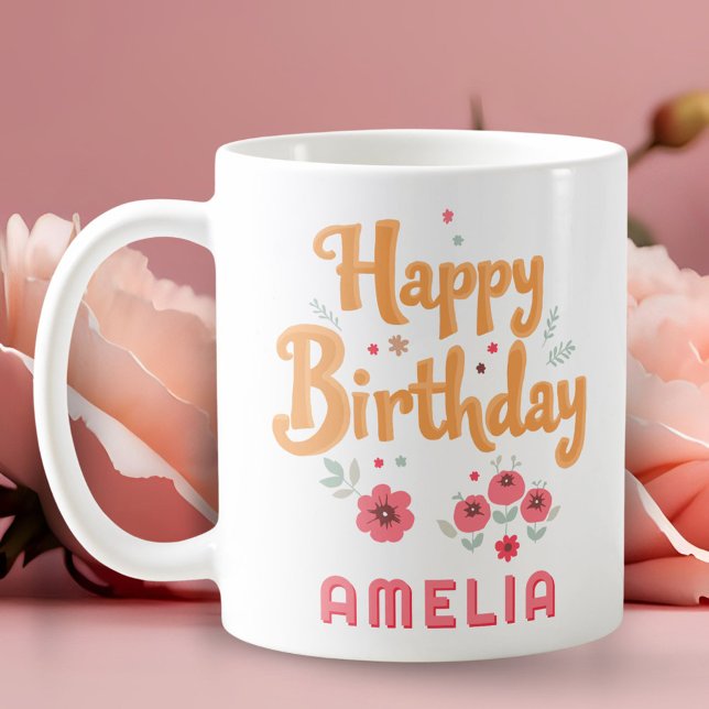 Floral Flowers Happy Birthday Handlettering Kaffeetasse (Von Creator hochgeladen)