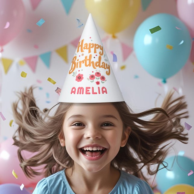 Floral Flowers Happy Birthday Handlettering Partyhütchen (Von Creator hochgeladen)