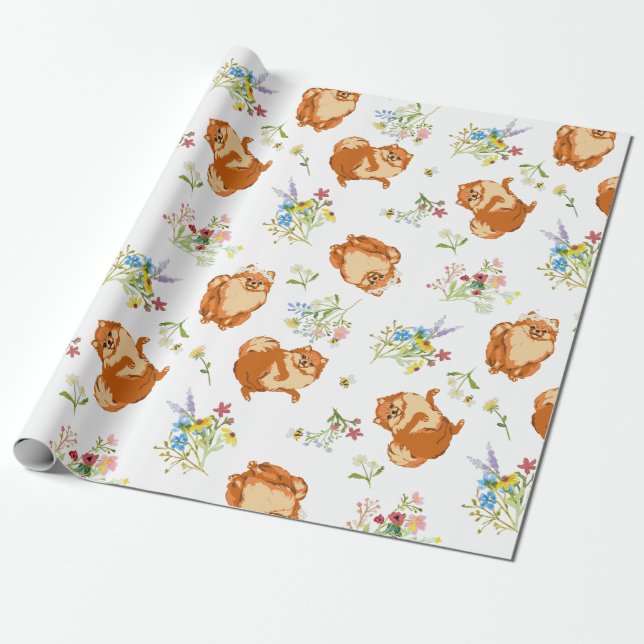 Floral Fluffy Dog Wrapping Paper Geschenkpapier (Ungerollt)