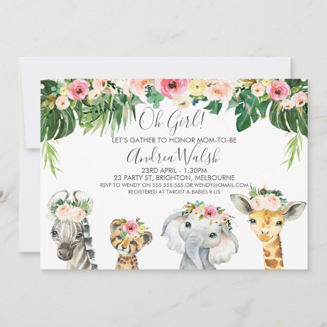 Floral Foliage Safari Tiere Kinderdusche Einladung (Vorderseite)