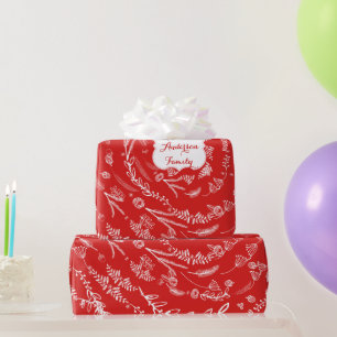 Floral Folk Art Antler Red Christmas Pattern Geschenkpapier