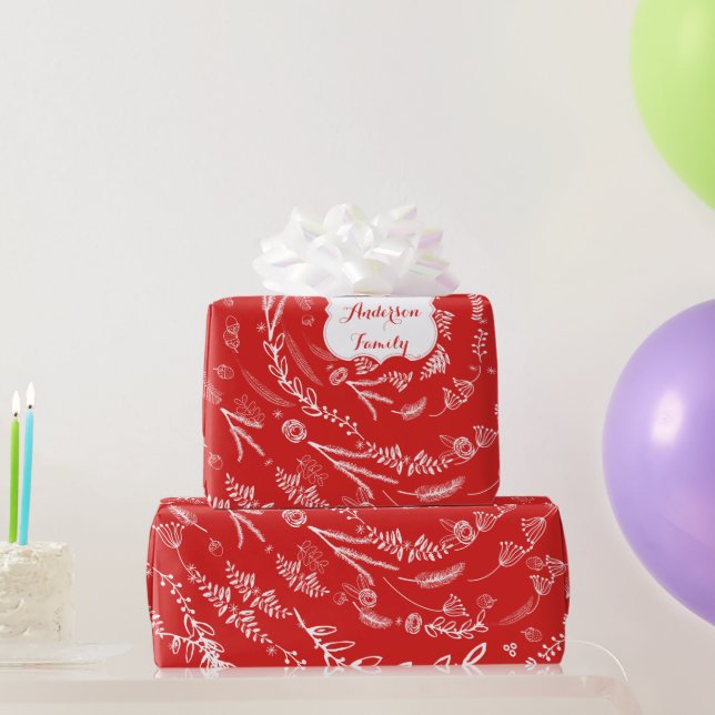 Floral Folk Art Antler Red Christmas Pattern Geschenkpapier (Partygeschenke)