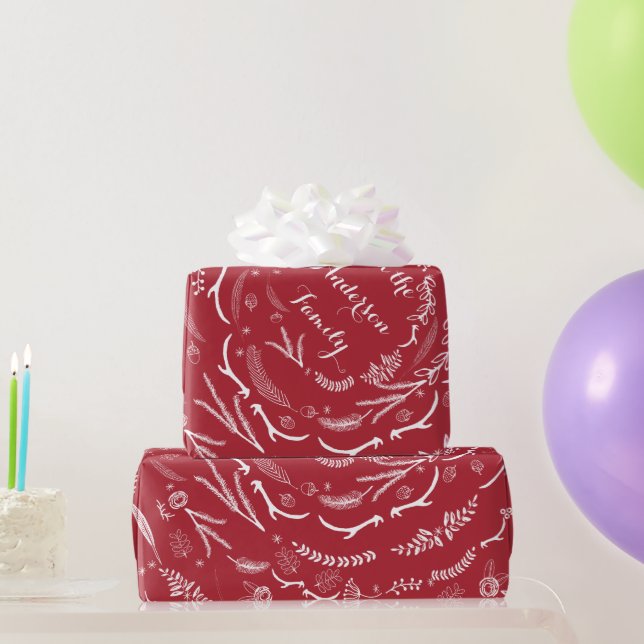 Floral Folk Art Antler Red Christmas Pattern Geschenkpapier (Partygeschenke)