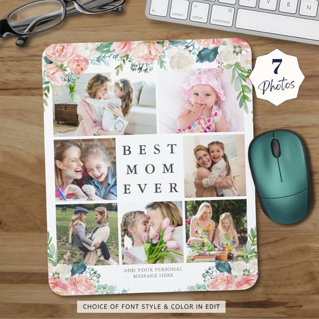 Floral Foto Collage BEST MAMA JE Personalisiert Mousepad (Von Creator hochgeladen)