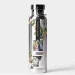 Floral Foto Collage Wasser Flasche<br><div class="desc">Personalisierte Namen über bemaltem Blumenstrauß mit quadratischen Fotorahmen.</div>