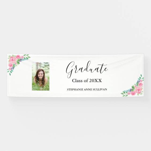 Floral Foto Gratulation Graduation Party Banner (Horizontal)