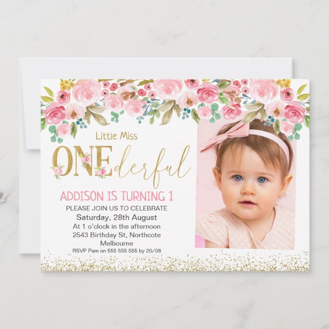 Floral Foto Little Miss Onederful Geburtstag Einladung (Vorderseite)