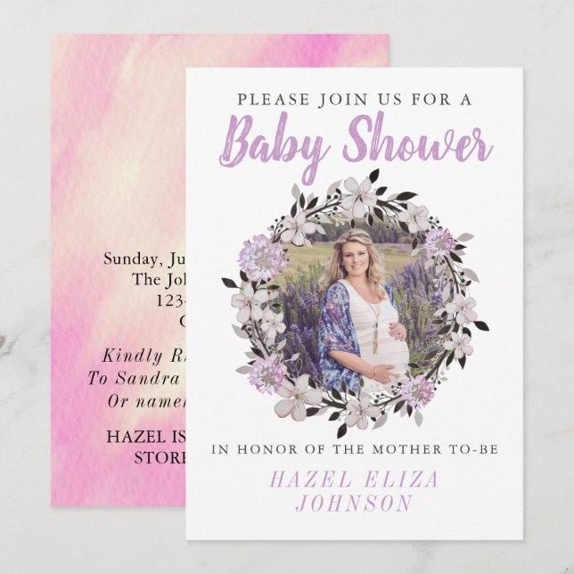 Floral Foto Maternity Baby Dusche Einladung (Vorne/Hinten)