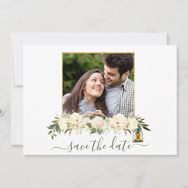 Floral Foto Weiße goldene Lanterns Save the Date Einladung (Vorderseite)