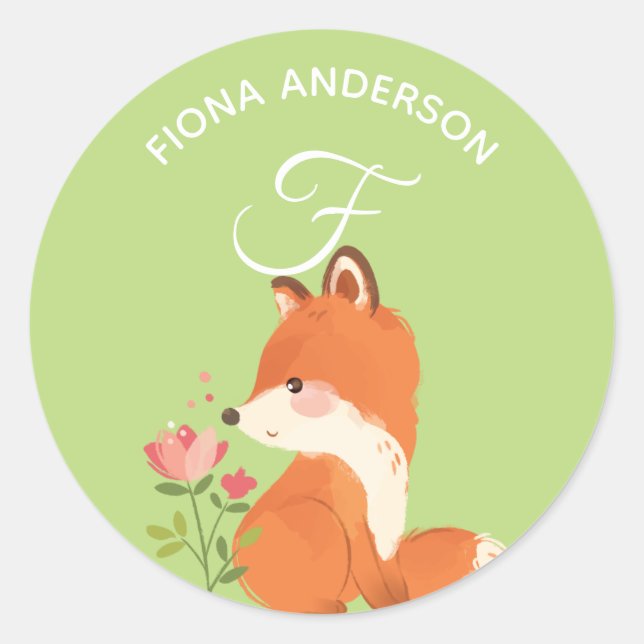 Floral Fox Alphabet Monogram Niedlich School Dayca Runder Aufkleber (Vorderseite)