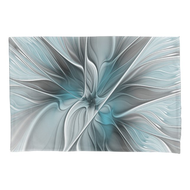 Floral Fractal Modern Abstract Flower Blue Gray Kissenbezug (Vorderseite)