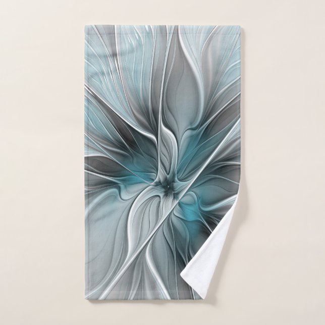 Floral Fractal Moderne Fleur Abstrait gris bleu (Serviette à main)