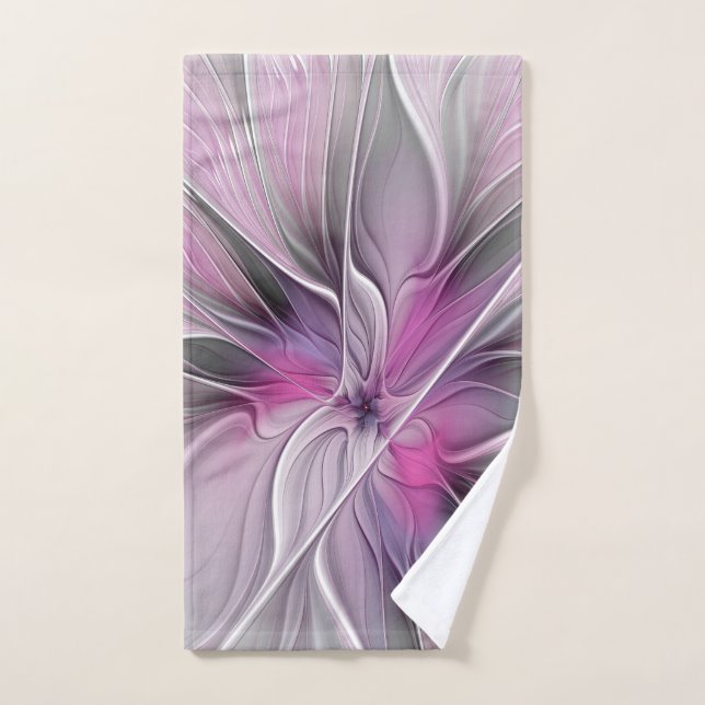 Floral Fractal moderne Fleur Abstraite rose gris (Serviette à main)