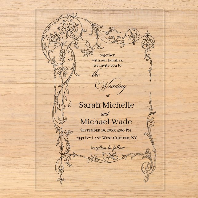 Floral Frame Calligraphy Acryli Wedding Invitation Acryleinladungen (Vorderseite)