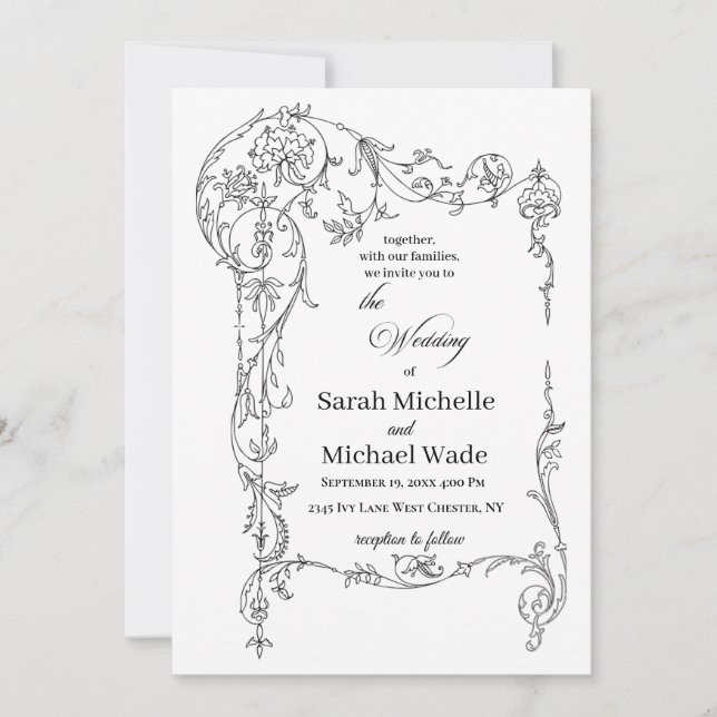 Floral Frame Calligraphy Wedding Invitation Einladung (Vorderseite)