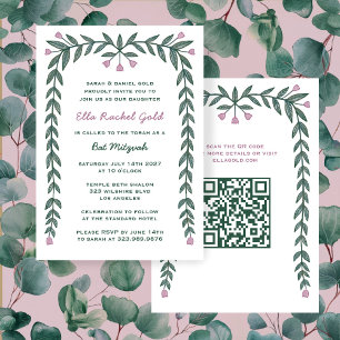 Floral Frame Custom QR Code Bat Mitzvah Girl Einladung