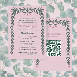 Floral Frame Custom QR Code Bat Mitzvah Girl Einladung