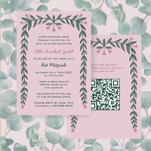 Floral Frame Custom QR Code Bat Mitzvah Girl Einladung
