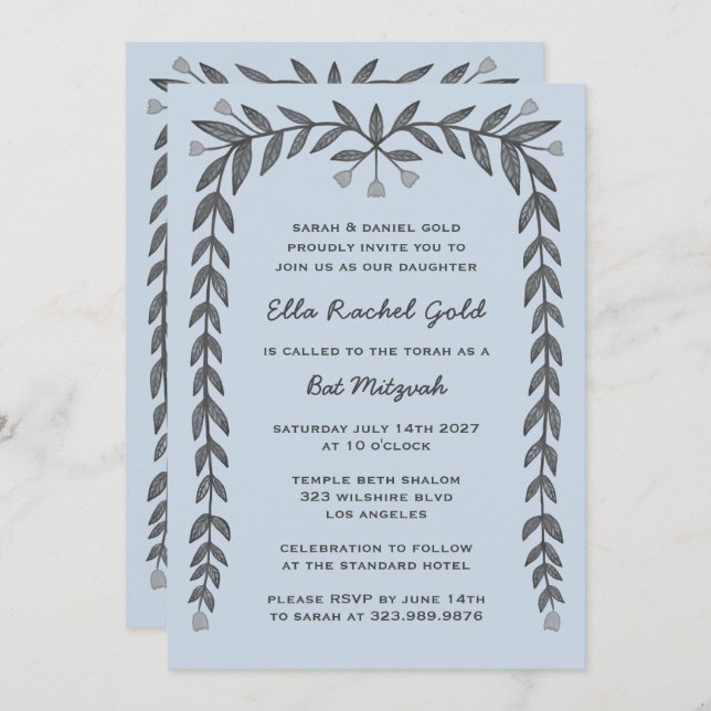 Floral Frame Custom QR Code Moderne BarBat Mitzvah Einladung (Vorne/Hinten)