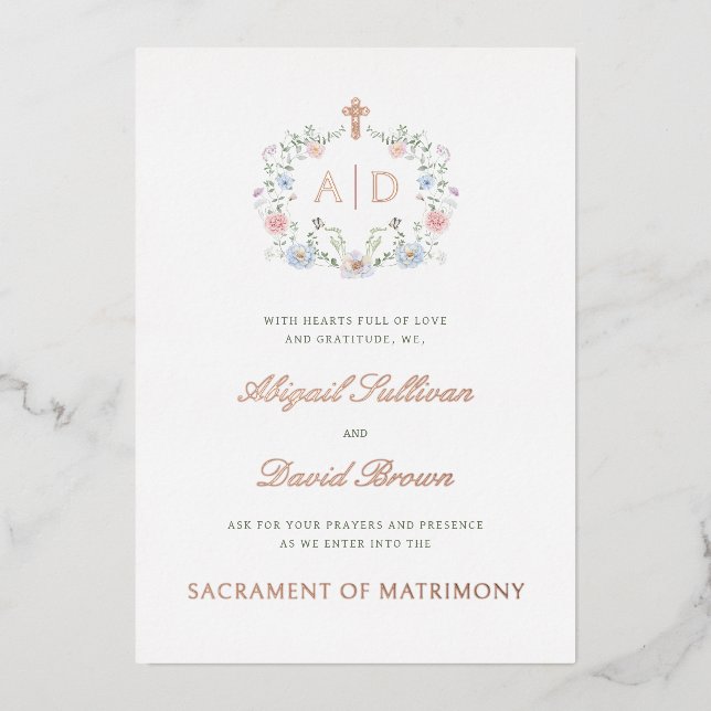 Floral Frame Monograms Catholic Wedding Folieneinladung (Vorderseite)