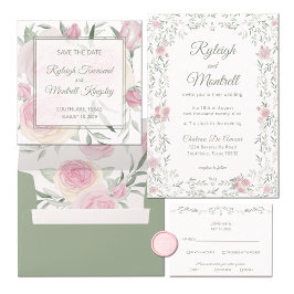 Floral Frame Pink Roses and Greenery Romantic Einladung