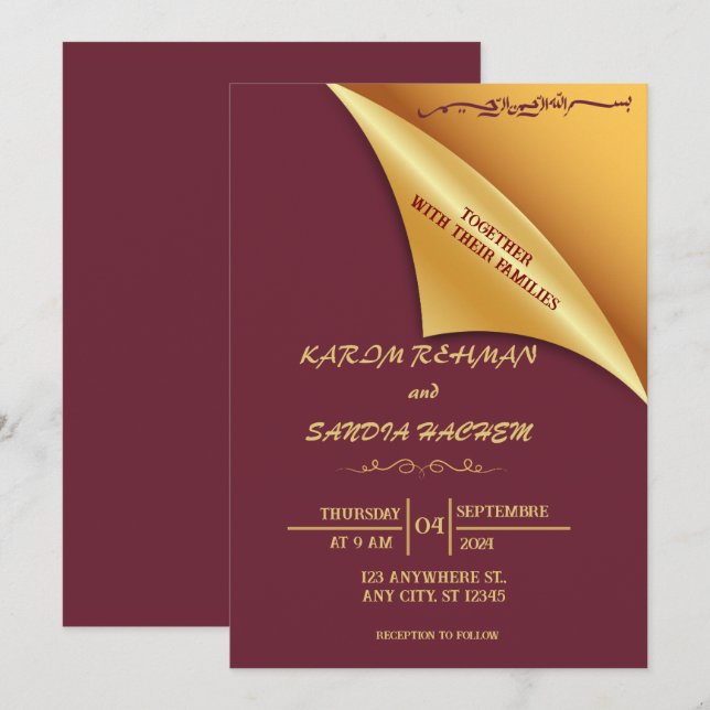 Floral Frame Plum und Gold Islamische Hochzeit Einladung (Vorne/Hinten)