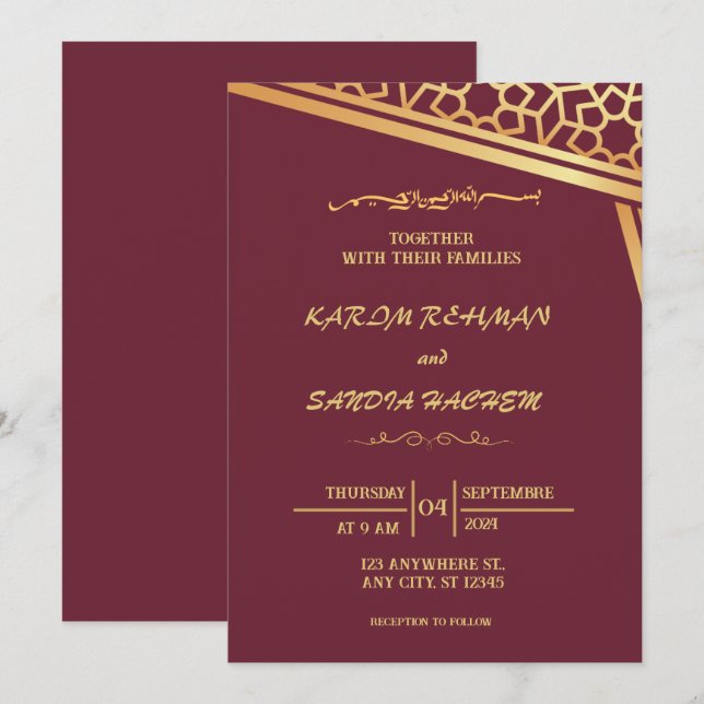 Floral Frame Plum und Gold Islamische Hochzeit Einladung (Vorne/Hinten)