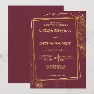 Floral Frame Plum und Gold Islamische Hochzeit Einladung