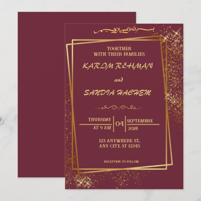 Floral Frame Plum und Gold Islamische Hochzeit Einladung (Vorne/Hinten)