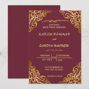 Floral Frame Plum und Gold Islamische Hochzeit Einladung