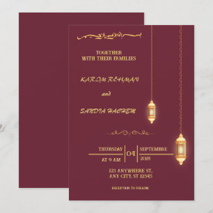 Floral Frame Plum und Gold Islamische Hochzeit Einladung