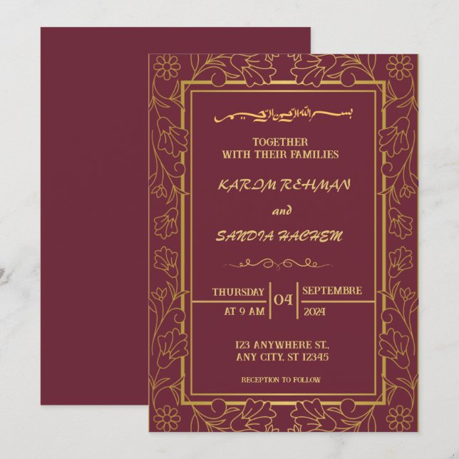 Floral Frame Plum und Gold Islamische Hochzeit Einladung (Vorne/Hinten)