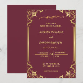 Floral Frame Plum und Gold Islamische Hochzeit Einladung