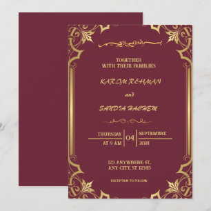 Floral Frame Plum und Gold Islamische Hochzeit Einladung