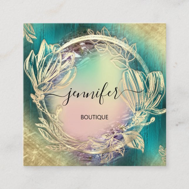 Floral Frame QR Code Logo Aquamarine Rose Gold Quadratische Visitenkarte (Vorderseite)
