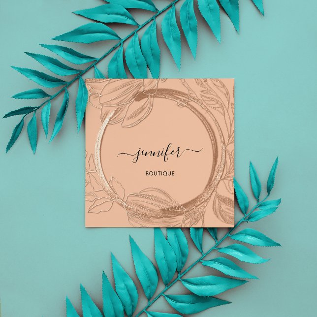 Floral Frame QR-Code Logo Braunes Gold Peach Lachs Quadratische Visitenkarte (Von Creator hochgeladen)