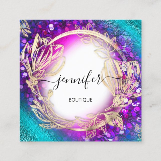 Floral Frame QR Code Logo Gold Green Blue Confetti Quadratische Visitenkarte (Vorderseite)