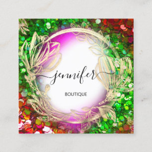 Floral Frame QR Code Logo Gold Green Red Confetti Quadratische Visitenkarte