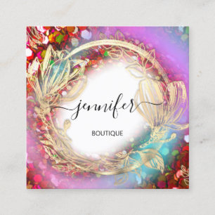 Floral Frame QR Code Logo Gold Pink Confetti Rot Quadratische Visitenkarte