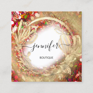 Floral Frame QR Code Logo Gold Red Confetti Quadratische Visitenkarte