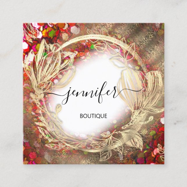Floral Frame QR Code Logo Gold Red Confetti Royal Quadratische Visitenkarte (Vorderseite)