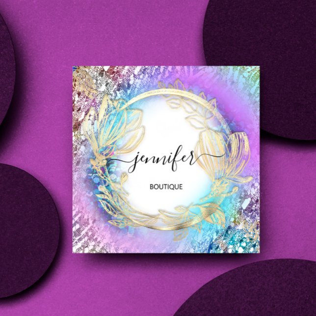 Floral Frame QR Code Logo Gold Rosa Quadratische Visitenkarte (Floral Frame QR Code Logo Gold Pink Square Business Card)