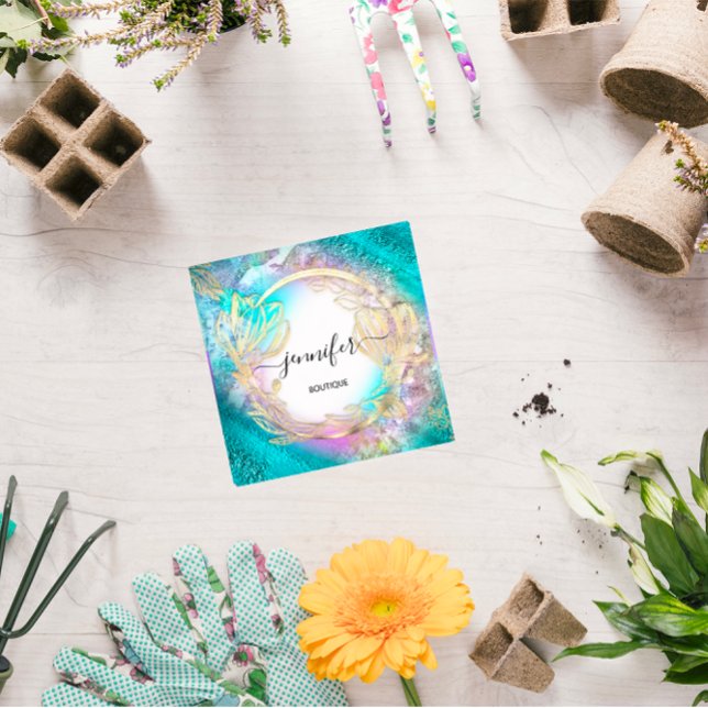 Floral Frame QR-Code Logo Quadratische Visitenkarte (Floral Frame QR Code Logo Gold Blue Pink Square Business Card)