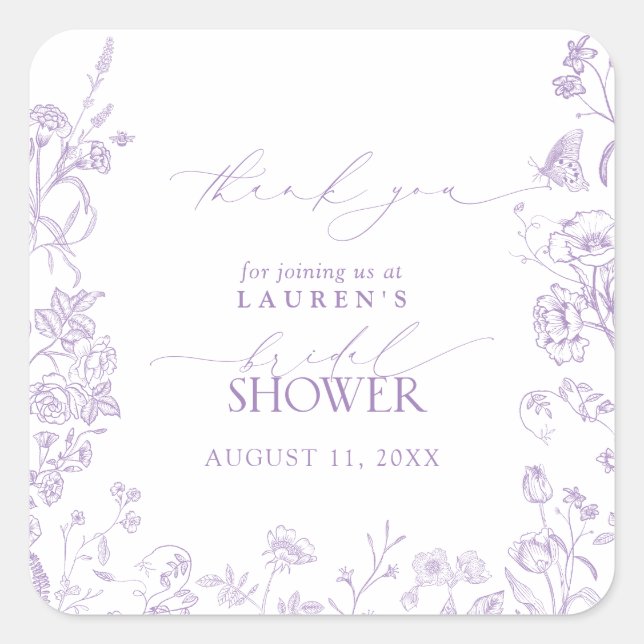 Floral French Lilac Brautparty Vielen Dank Quadratischer Aufkleber (Vorderseite)