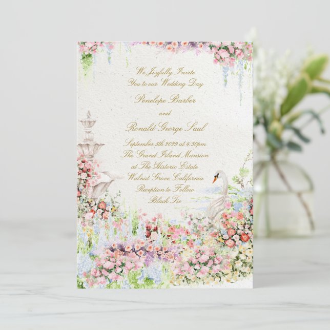 floral french romantic garden chateau swan wedding einladung (Stehend Vorderseite)