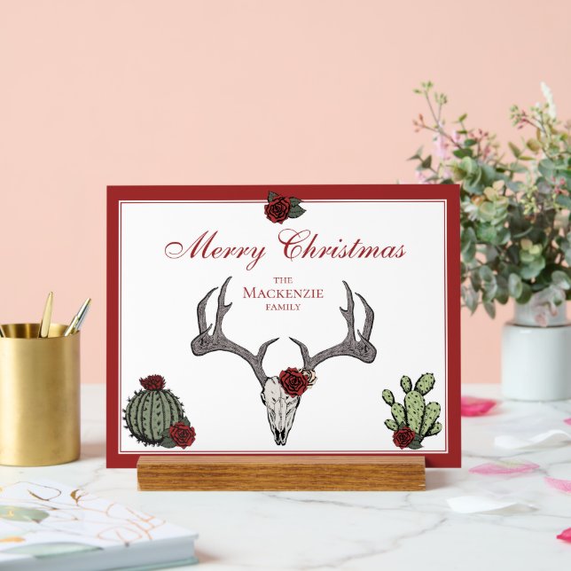 Floral frohe Weihnachten Hirschkopf Schädelkaktus Acrylschild (Hochzeit)