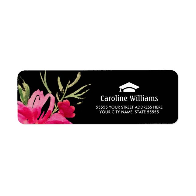 Floral Fuchsia Black Abschluss Address Labels (Vorne)
