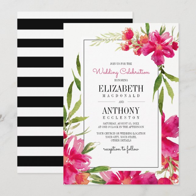 Floral Fuchsia | Grün | Black Stripes Wedding Einladung (Vorne/Hinten)